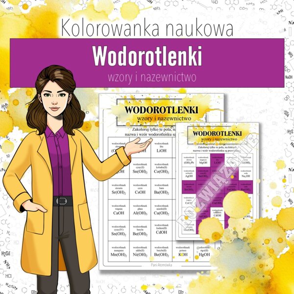 Wodorotlenki: Wzory i nazwy wodorotlenków - Kolorowanka naukowa (chemia, kl 7/8)