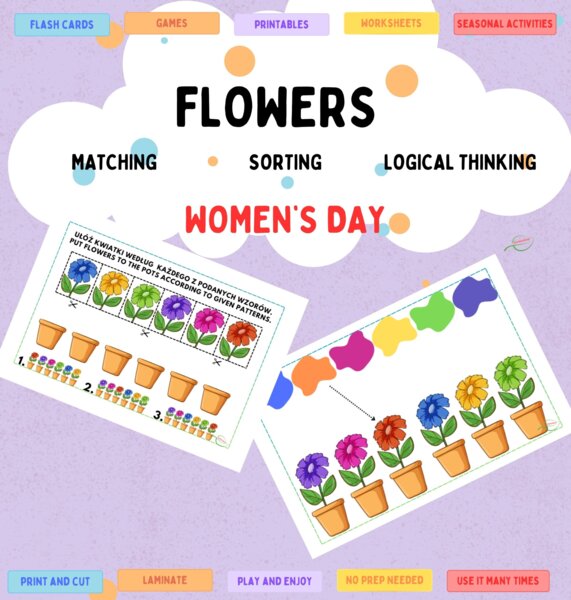 Wiosna, Dzień kobiet: Zajęcia Rewalidacyjne/ angielski przedszkole: dobieranie kolorów, szeregowanie dobre dla SPE