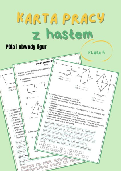 Pola i obwody figur, karta pracy z hasłem, klasa 5, praca w klasie, edukacja domowa