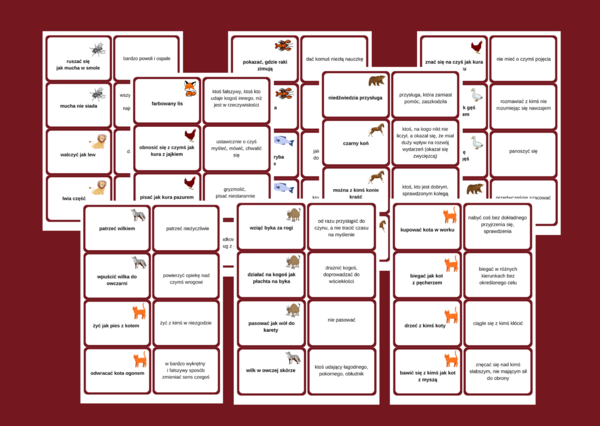 ZWIĄZKI FRAZEOLOGICZNE O ZWIERZĘTACH – fiszki – kl. 4-8 – egzamin – powtórzenie- ćwiczenia
