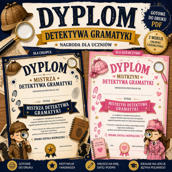 Dyplom Detektywa Gramatyki | nagroda dla uczniów | język polski | PDF do druku (chłopiec + dziewczynka)