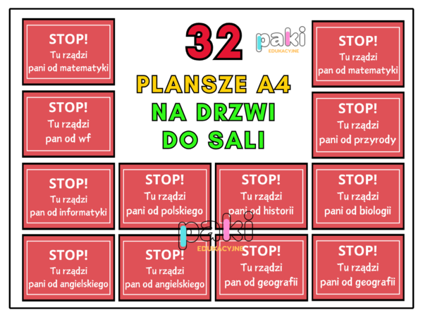 Napisy, tabliczki na drzwi, do sali Stop! Tu rządzi pan/ pani od...