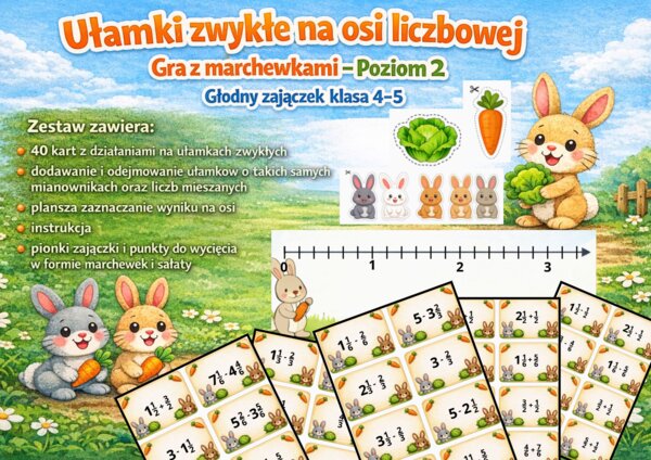 Ułamki zwykłe na osi liczbowej + dodawanie i odejmowanie ułamków zwykłych i liczb mieszanych o takich samych mianownikach – gra z marchewkami – Poziom 2 (Głodny zajączek, klasa 4-5)