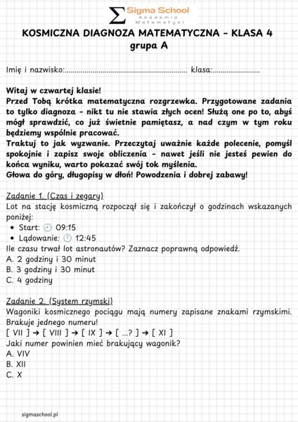 Kosmiczna diagnoza przedmiotowa z matematyki na wejście do klasy 4 (Grupa A + B + Klucz)