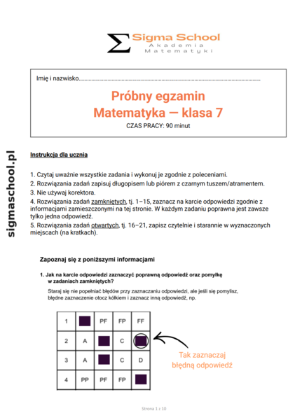 Próbny egzamin z matematyki dla klasy 7