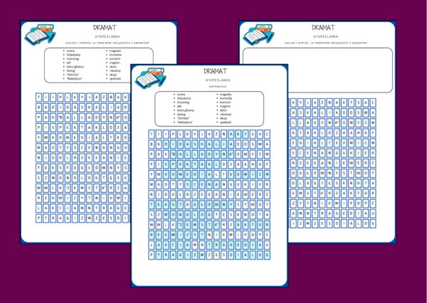 DRAMAT - rodzaje literackie - wykreślanka - karta pracy - powtórka - egzamin