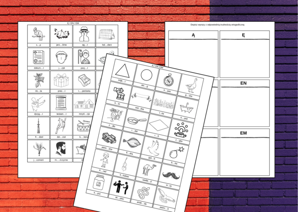 Wyrazy z Ą, Ę, ON, OM, EN, EM - ortografia – wklejka – karta pracy