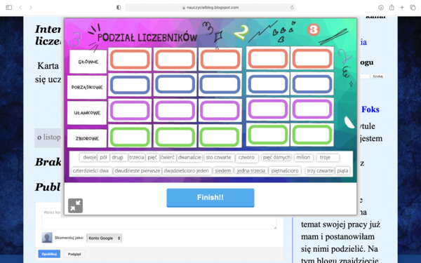Interaktywna karta dotycząca podziału liczebników