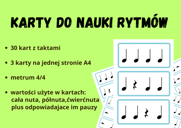 Muzyka. Karty do nauki wartości rytmicznych i ćwiczeń praktycznych. Metrum 4/4.