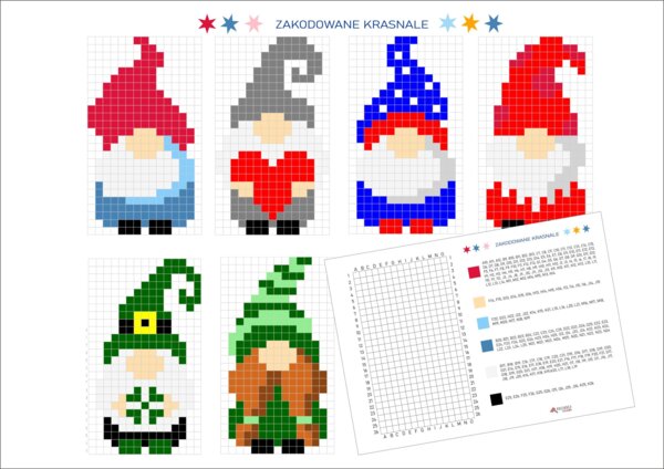 Kodowanki zimowe, świąteczne- ZESTAW 6 szt, Krasnale/skrzaty/gnomy, Święta, Boże Narodzenie, Mikołaj, zima, odkoduj zimę