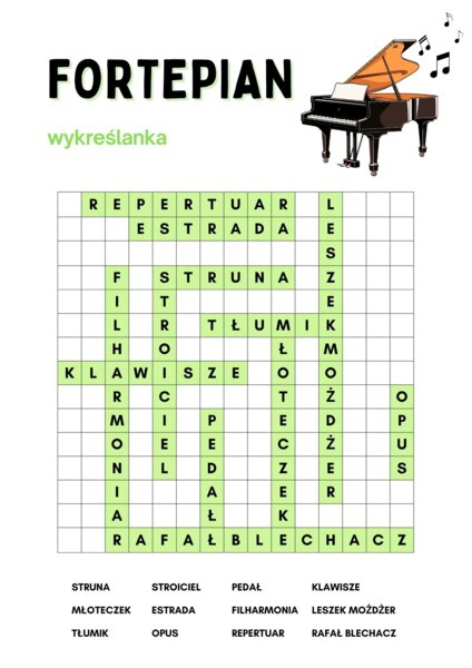 Muzyka, klasa 4-5 Fortepian. Karta pracy: wykreślanka.