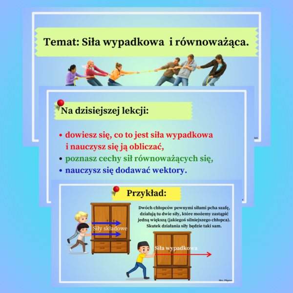 Siła wypadkowa i równoważąca -SP -prezentacja multimedialna 13 slajdów