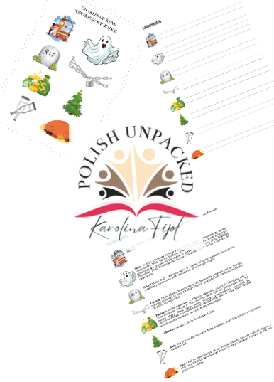 Ikony (obrazki, symbole) + odpowiedzi "Opowieść wigilijna" Charles Dickens, język polski, egzamin ósmoklasisty, lektura obowiązkowa klasa 7-8