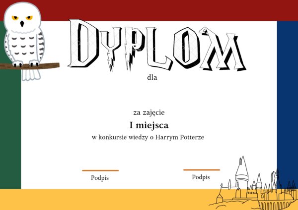 Dyplom za konkurs wiedzy o Harrym Potterze