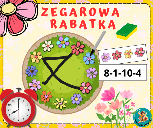 ŁĄKA: gra logiczna, kodowanie, łąka, kwiaty, zegar, nauka godzin ZEGAROWA RABATKA