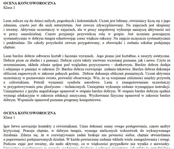 Ocena opisowa końcoworoczna klasa 1