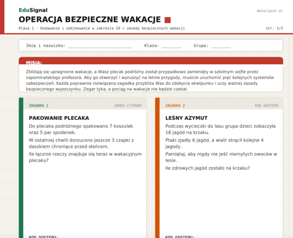 Operacja Bezpieczne Wakacje | Escape room — dodawanie i odejmowanie do 20, klasa 1 | karta ucznia + klucz + fiszki narracyjne