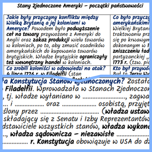 Stany Zjednoczone Ameryki – początki państwowości. Notatki i karta pracy