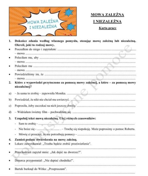 Mowa zależna i niezależna. Karta pracy