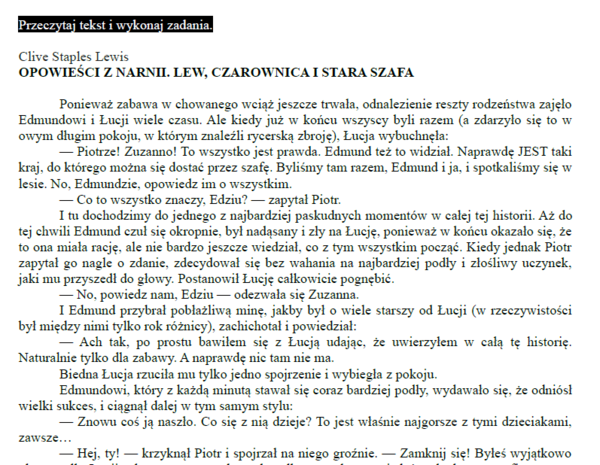 Egzamin ósmoklasisty – Arkusz z języka polskiego „Opowieści z Narnii. Lew, czarownica i stara szafa” | Pełny test z kluczem odpowiedzi