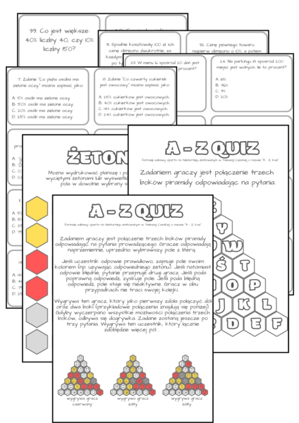 PAKIET quizy matematyczne - procenty, wyrażenia algebraiczne (algebra), ułamki dziesiętne