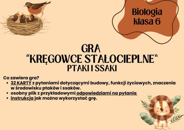 Biologia. Klasa 6. Kręgowce stałocieplne. Ptaki i ssaki. Gra edukacyjna. Jeden z dziesięciu. Pytania i odpowiedzi.