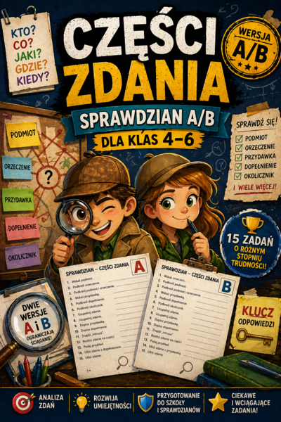 Części zdania – sprawdzian kl. 4–6 | wersja A i B + klucz odpowiedzi