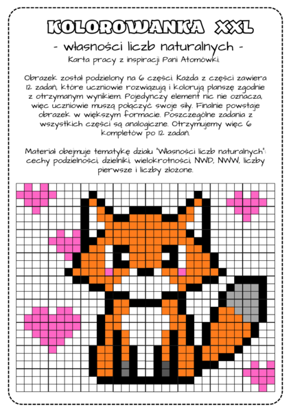 Własności liczb naturalnych - powtórzenie. Klasa 5. Kolorowanka XXL (nonogram)