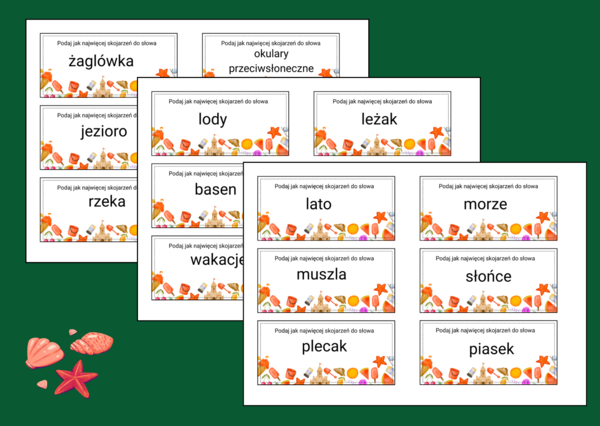 WAKACYJNE SKOJARZENIA - gra - zajęcia z wychowawcą - biblioteka - język polski - 60 fiszek - WAKACJE - LATO