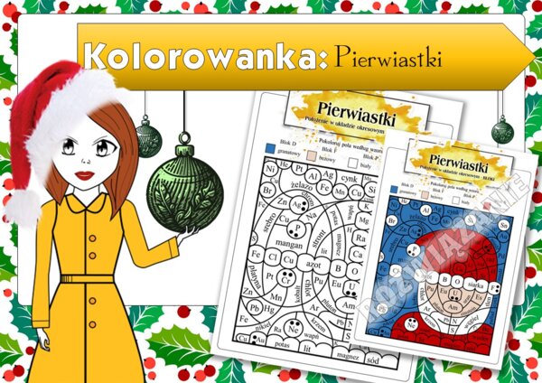 Klasa 7. Chemia. Pierwiastki. Praca z układem okresowym. Christmas. Święta Bożego Narodzenia. Mikołaj. Chemiczna kolorowanka. Karta pracy. Zadanie. Święta. Christmas.