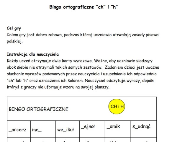 Bingo ortograficzne "ch" i "h"