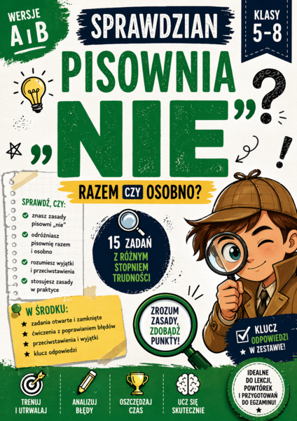 Pisownia „nie” – sprawdzian kl. 5–8 | wersja A i B + klucz odpowiedzi