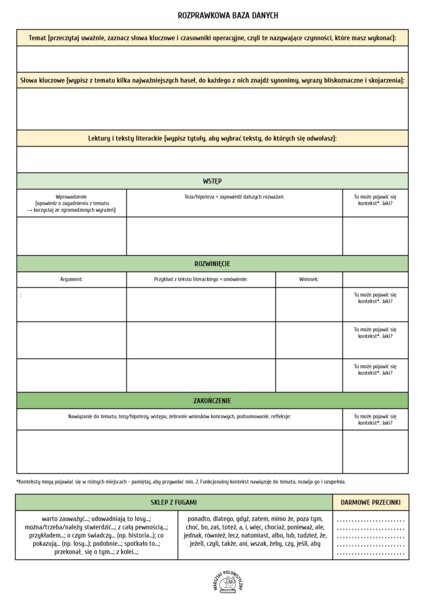 Rozprawkowa baza danych - tabela wspierająca tworzenie wypowiedzi argumentacyjnych / szkoła średnia