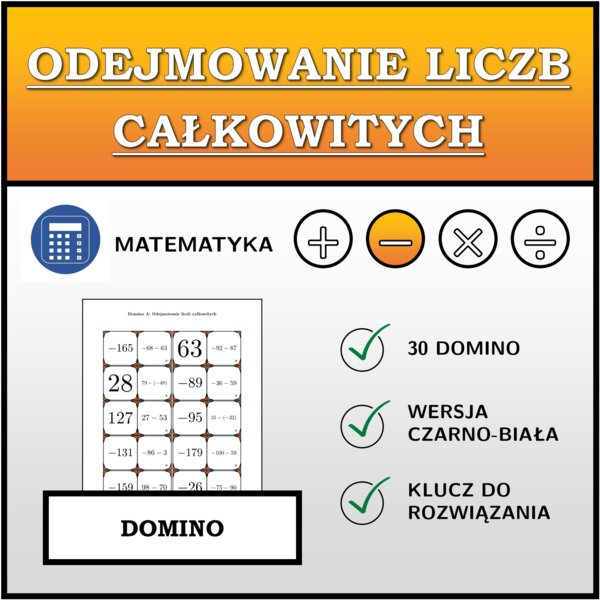 Domino - Odejmowanie liczb całkowitych | matematyka