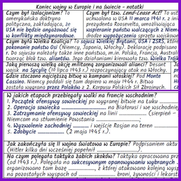Koniec wojny w Europie i na świecie – notatki i karta pracy
