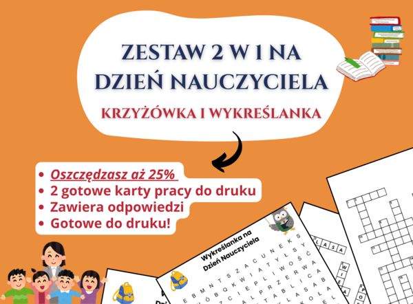 🧩 Zestaw 2 w 1 – Krzyżówka i Wykreślanka „Dzień Nauczyciela”, Szkoła podstawowa • Świetlica • Godzina wychowawcza, kalsy 1-8
