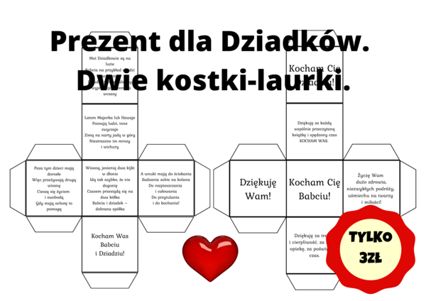 Prezent z okazji Dnia Babci i Dziadzia - kostka - wydrukuj, pokoloruj - niezwykła laurka