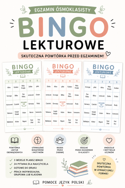 bingo lekturowe - egzamin ósmoklasisty - powtórki - lektury