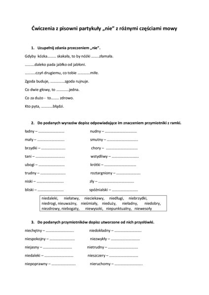 Ćwiczenia z pisowni partykuły nie
