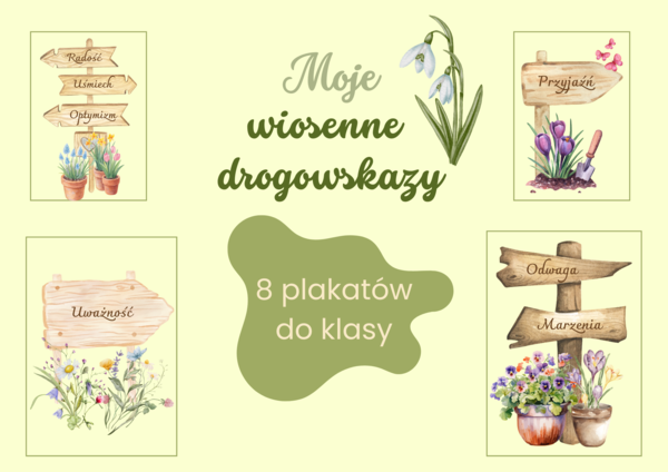 Moje wiosenne drogowskazy - gazetka tematyczna do klasy, na korytarz, plakaty