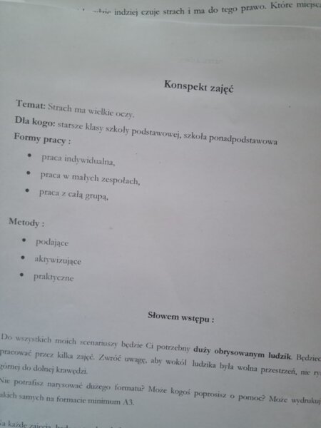 Konspekt zajęć. Strach. Bezpłatny materiał.