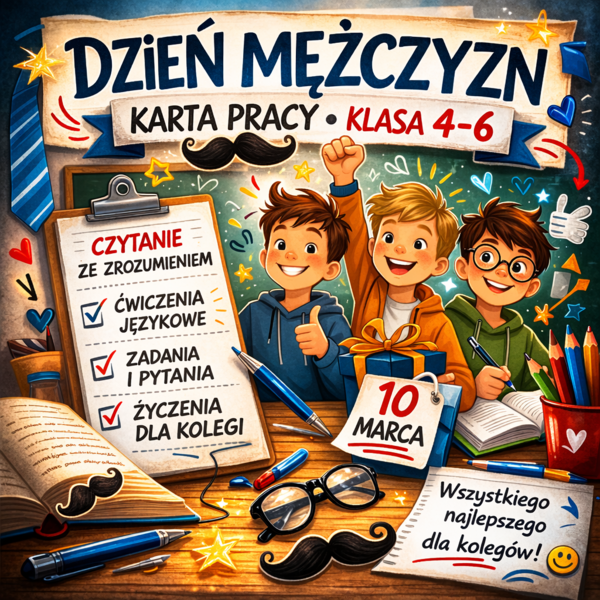 👔 Dzień Mężczyzn – karta pracy (kl. 4–6) | czytanie ze zrozumieniem i zadania językowe