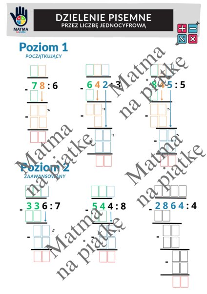 Dzielenie pisemne przez liczbę jednocyfrową/Karta pracy/Klasa 4 SP./ Klasa 5 SP./ Klasa 6 SP.