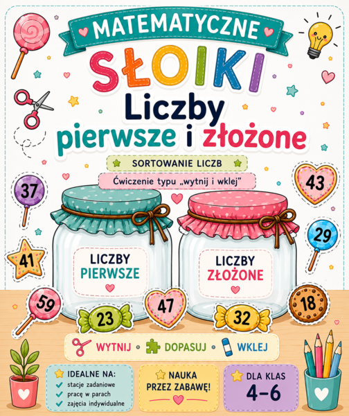 Matematyczne słoiki – liczby pierwsze i złożone | Wytnij cukierki i wklej | Klasy 4–6