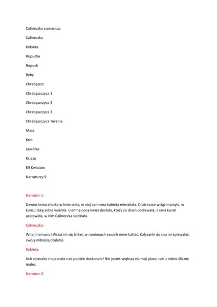 Scenariusz przedstawienia Calineczka - przedszkole