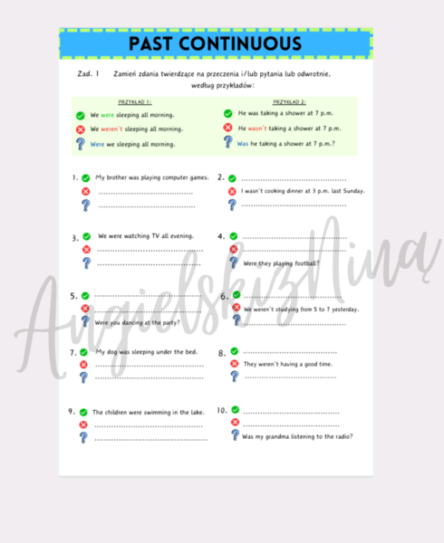 Past Continuous – przekształcanie zdań – ćwiczenia dla początkujących – zdania twierdzące – przeczenia – pytania - karta pracy