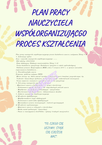Plan pracy nauczyciela współorganizującego proces kształcenia ucznia z autyzmem (klasy 1–3)