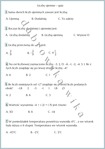 Liczby ujemne - quiz
