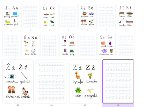 Plansze z literami Ą, Ć, Ę, Ł, Ń, Ó, Ś, Ź, Ż + pisanie po śladzie cz.3