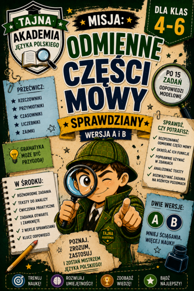 Odmienne części mowy – sprawdziany kl. 4–6 | wersja A i B + odpowiedzi modelowe